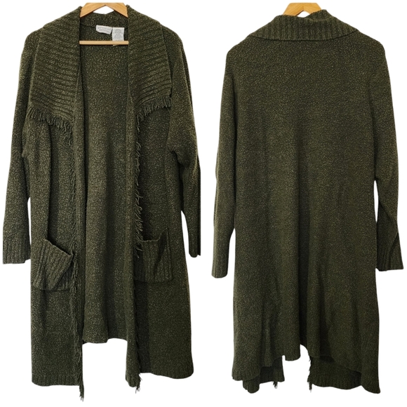 Olive Green oversized Knit Cardigan fringe long Sweater - Picture 1 of 7